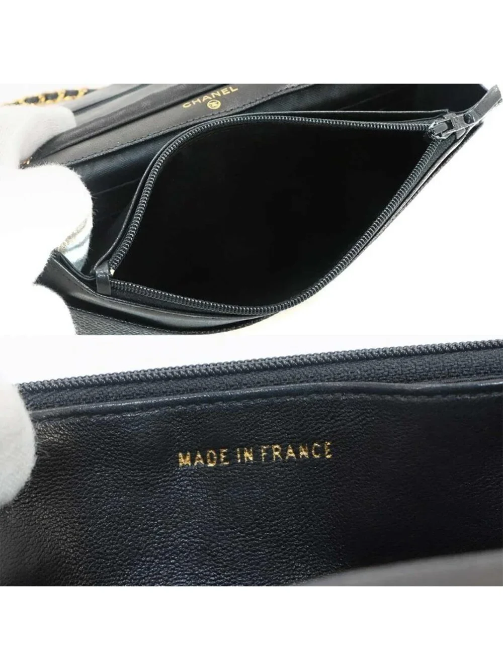 Chanel Caviar Leather Chain Wallet Black CC Logo Gold Shoulder
